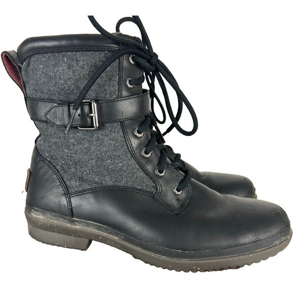 Ugg Kesey Boots Womens 8.5 Black Snow Fur Wool Lining Insoles Lace Up Zip Biker - Picture 1 of 14